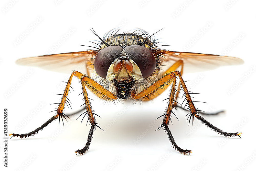 Fototapeta premium Extreme close-up of a fly with spiky legs large compound eyes and delicate wings set against a bright clean white background..