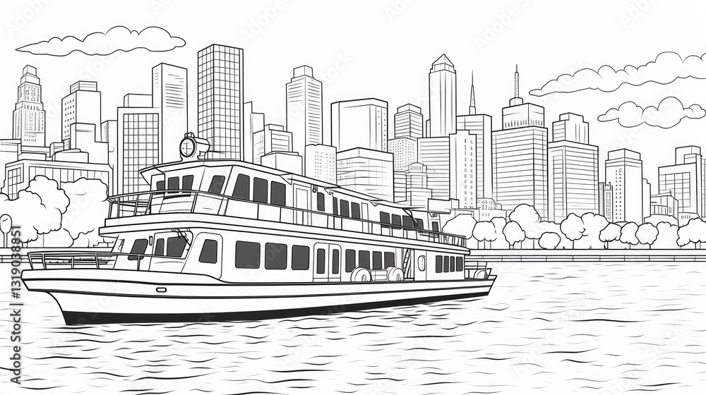 Fototapeta premium Yacht moored in urban harbor, line art style. AI generated