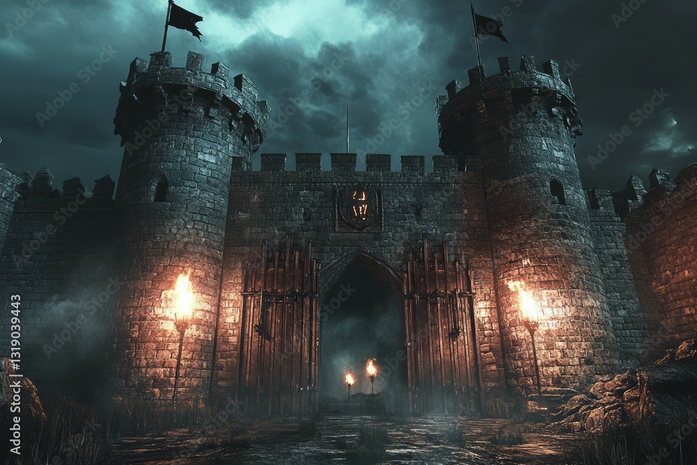Fototapeta premium Majestic castle gates at night with torches ablaze. AI generated