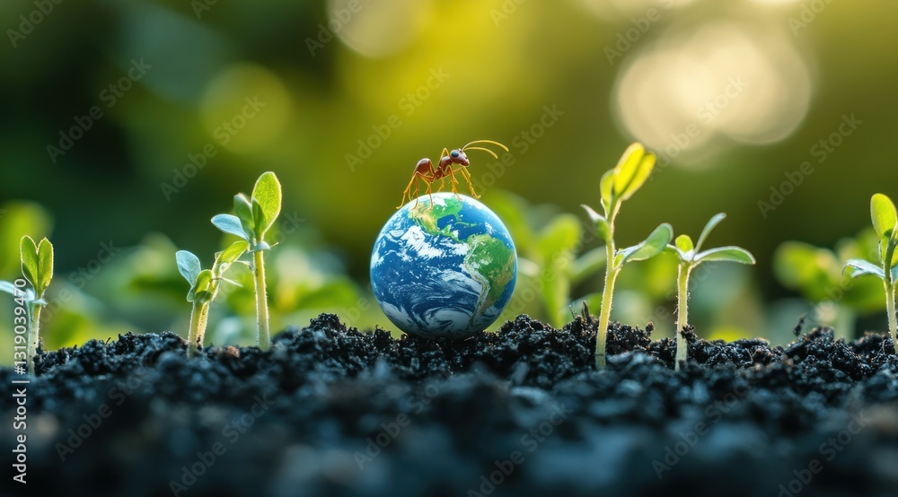 Ant on miniature Earth with sprouting plants. Ant on miniature Earth with sprouting plants.