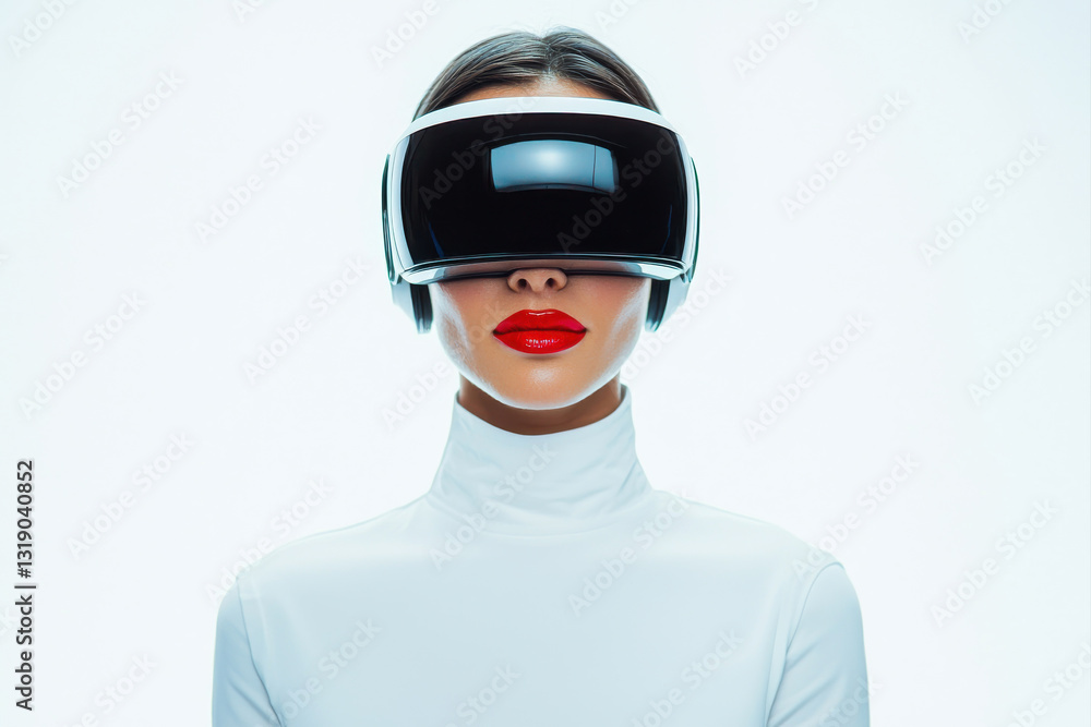 Woman wearing virtual reality headset, exploring immersive tech and futuristic experiences. Woman wearing virtual reality headset, exploring immersive tech and futuristic experiences.
