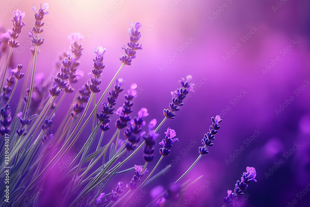 Fototapeta premium vivid lavender field, emphasizing the beauty of the flowers in full bloom. It captures the natural allure and tranquility of a lavender landscape, with a focus on the vibrant purple tones.