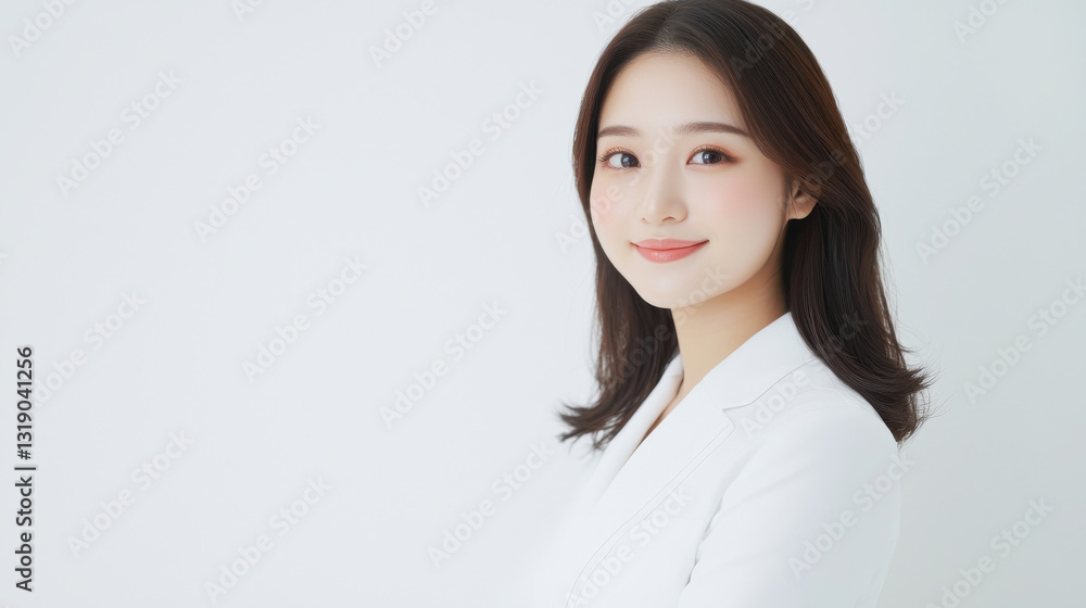 Young woman smiling confidently in a bright, minimalist setting. Young woman smiling confidently in a bright, minimalist setting.