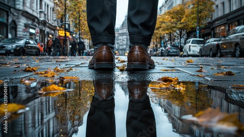 Autumnal city street reflection in puddle