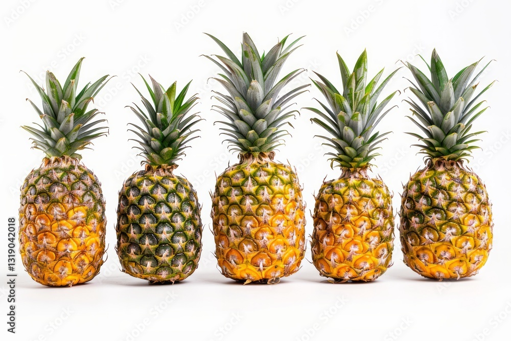Five pineapples on solid white background. AI generated Five pineapples on solid white background. AI generated