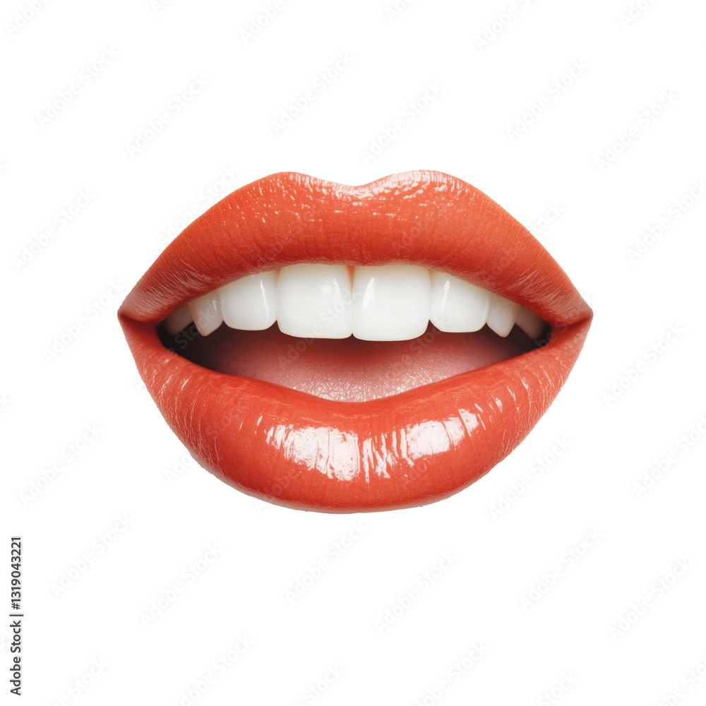 Vibrant red lips with glossy finish, showcasing bright white teeth, exuding confidence and allure Vibrant red lips with glossy finish, showcasing bright white teeth, exuding confidence and allure