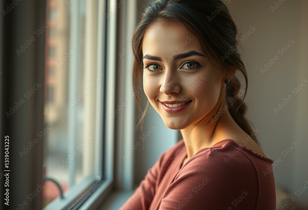 Female portrait in window with natural light Female portrait in window with natural light