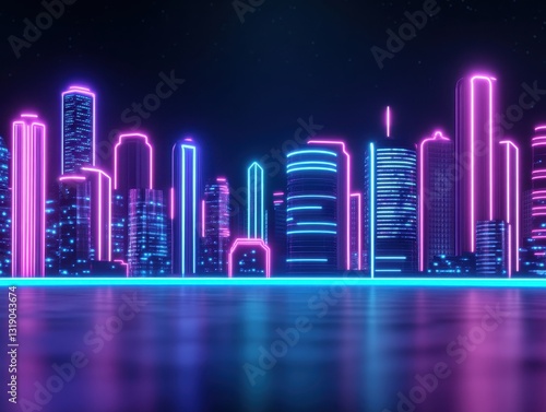 Vibrant neon city skyline at night with illuminated skyscrapers reflecting on water