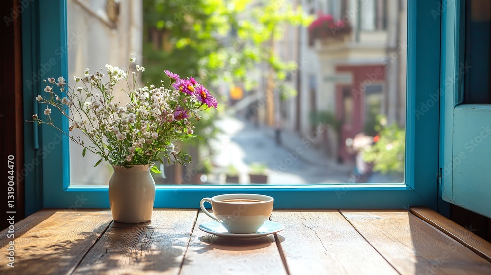 Professional Image of a Charming Wooden Table by a Blue Window with a Cup Professional Image of a Charming Wooden Table by a Blue Window with a Cup
