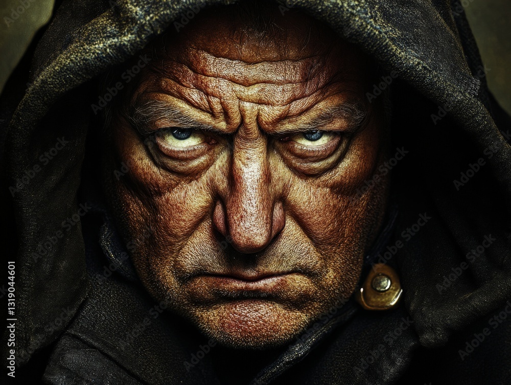 Intense elderly man with hooded cloak and piercing gaze dramatic shadows mysterious aura cinematic close up high detail rugged texture stock photo Intense elderly man with hooded cloak and piercing gaze dramatic shadows mysterious aura cinematic close up high detail rugged texture stock photo