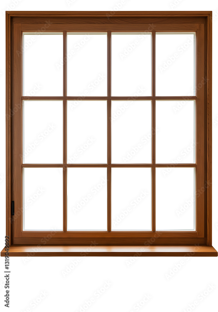Classic Wooden Window Frame with Grid, Isolated on White Background - Residential Interior Design Element Classic Wooden Window Frame with Grid, Isolated on White Background - Residential Interior Design Element