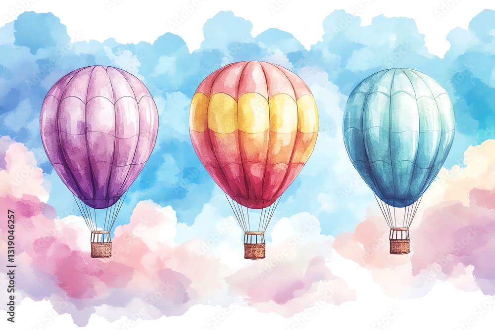 Naklejka premium Pastel Hot Air Balloons Soaring Through Watercolor Clouds