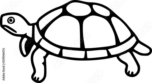 A detailed monochrome black and white box turtle illustration featuring a small terrestrial turtle with a shell in a minimalist style for wildlife nature animal reptile art designs