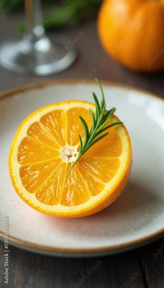 Vibrant orange segment with rosemary garnish, elegant plate setting, plate, image Vibrant orange segment with rosemary garnish, elegant plate setting, plate, image