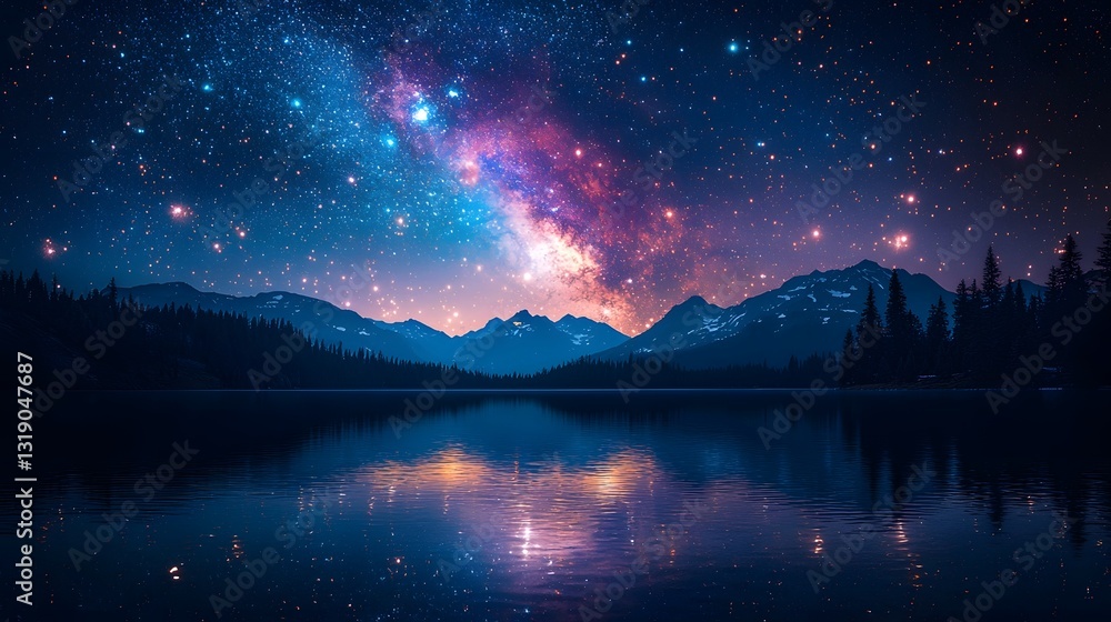 Fototapeta premium Spectacular Fireworks Display Lighting Up Serene Mountain Lake at Night