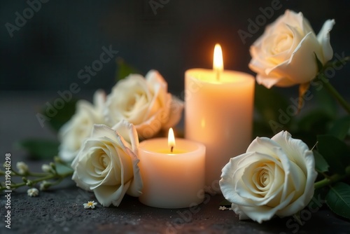 White roses, flickering candles; serene memorial , quiet, memorial, serenity