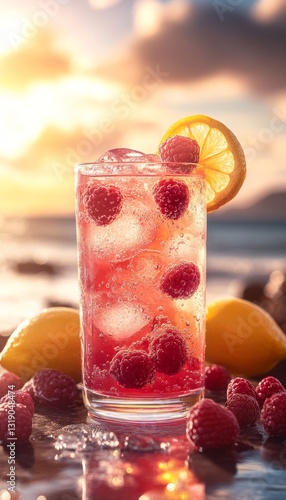 raspberry lemonade in a glass on the beach