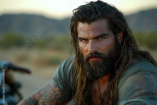 Close-up portrait of a man with long hair and a beard, outdoors near a motorcycle.  He has tattoos on his arms