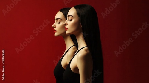 Wallpaper Mural Two woman dressed black bodysuit standing back to back looking camera medium shoot isolated on color background. Beautiful female 20-25 years old studio shoot Torontodigital.ca