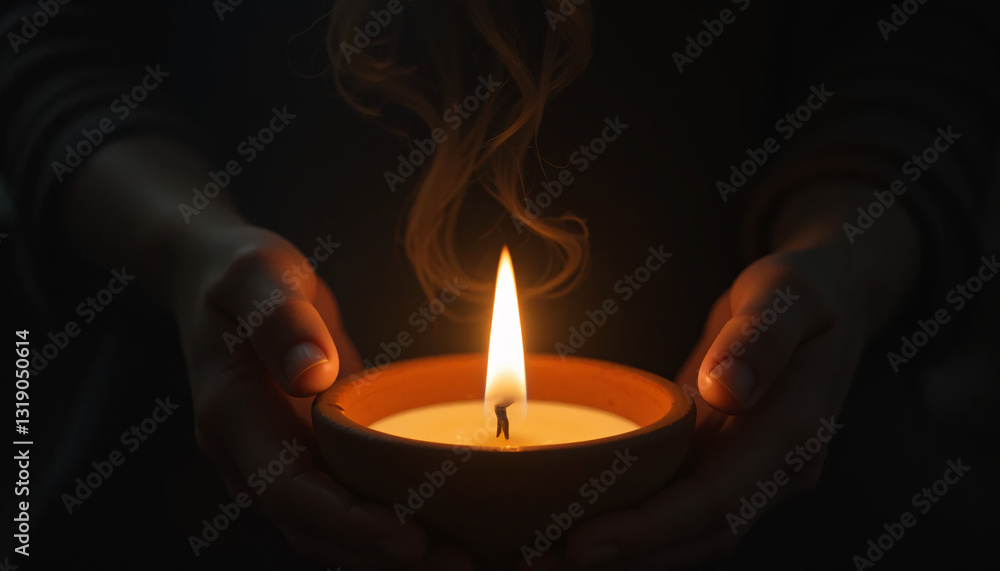 Hands Holding a Lit Candle with Rising Smoke Against a Dark Background Hands Holding a Lit Candle with Rising Smoke Against a Dark Background