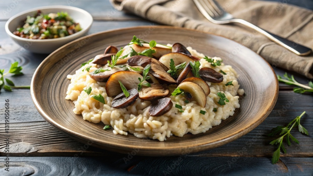 Creamy Mushroom Risotto Dish, Garnish with Fresh Herbs, Served on Rustic Plate Creamy Mushroom Risotto Dish, Garnish with Fresh Herbs, Served on Rustic Plate