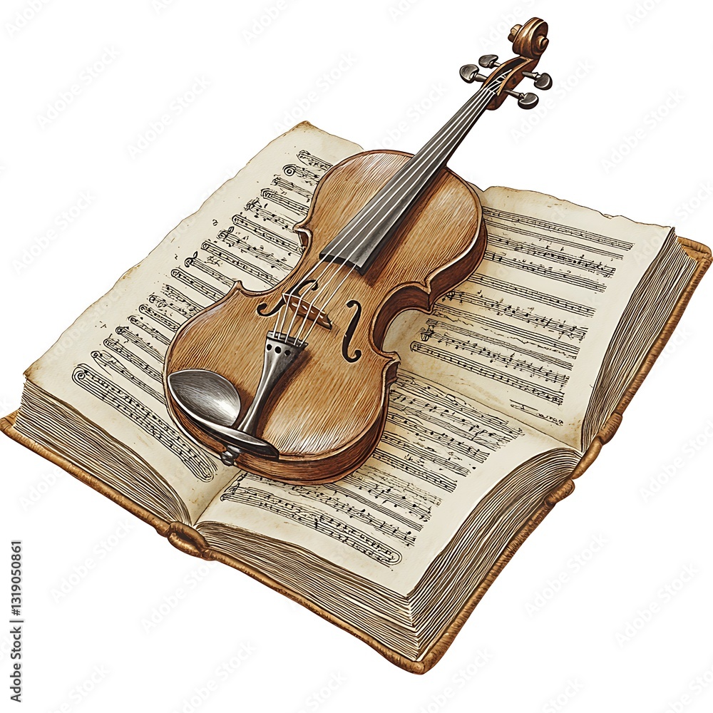 Fototapeta premium Violin Resting on Antique Music Book Illustration