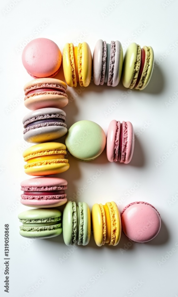 Obraz premium A vibrant and artistic representation of letters or numbers crafted from colorful macarons. The pastel hues of pink, green, yellow, and lavender create a visually delightful composition.