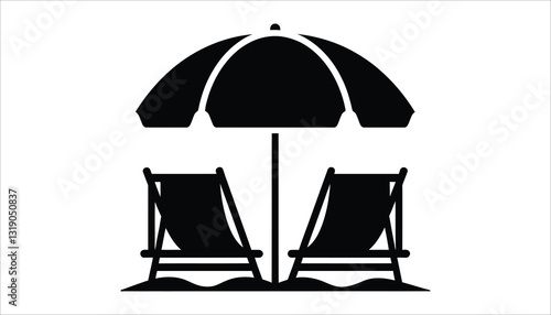 Beach Umbrella and Chairs. Summer Vacation Vector Icon for Travel and Holiday Designs.