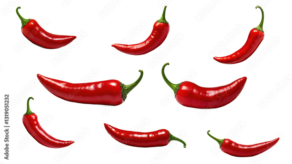 Nine Vibrant Red Chili Peppers Playfully Scattered Against A Stark Isolated on Transparent Background Showcasing Their Fiery Curves And Intense Color Nine Vibrant Red Chili Peppers Playfully Scattered Against A Stark Isolated on Transparent Background Showcasing Their Fiery Curves And Intense Color