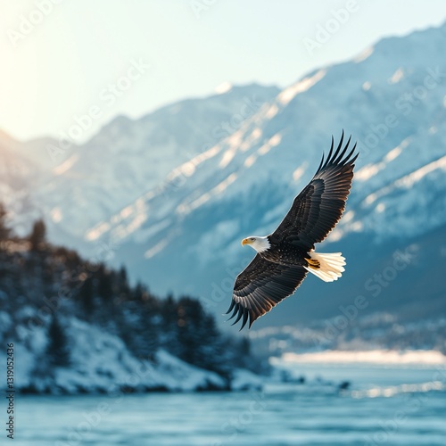 Bald eagle soaring over snowy mountains, winter landscape, wildlife photography, nature background