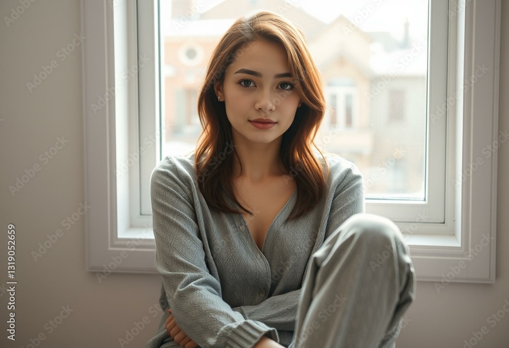 Female portrait in a window with natural light Female portrait in a window with natural light