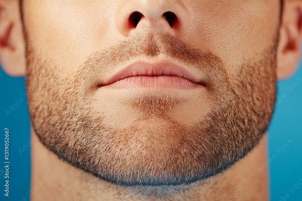 Close up of a mans lower face with well groomed stubble and strong jawline in a high resolution portrait with a blue gradient background Close up of a mans lower face with well groomed stubble and strong jawline in a high resolution portrait with a blue gradient background