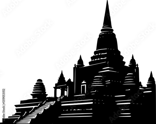 Borobudur Temple monochrome black and white illustration vector graphic art design history Buddhist architecture ancient cultural heritage travel landmark Asia Indonesia stone carvings spiritual relig