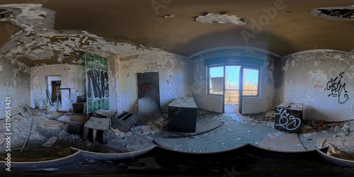 Obraz na plátně A captivating 360 HDRI panorama of an abandoned and ruined hotel room, showcasing the haunting beauty of decay
