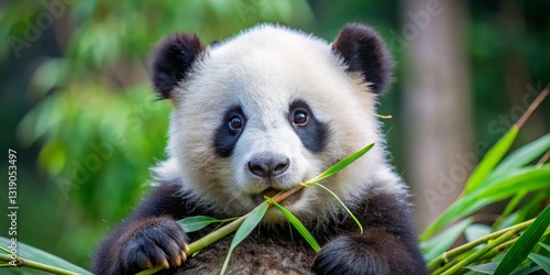 Adorable young panda bear enjoying a delicious bamboo snack in a lush green habitat