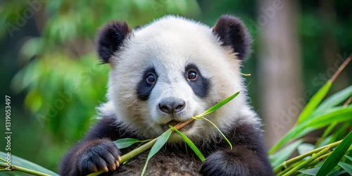 Fototapeta Adorable young panda bear enjoying a delicious bamboo snack in a lush green habitat