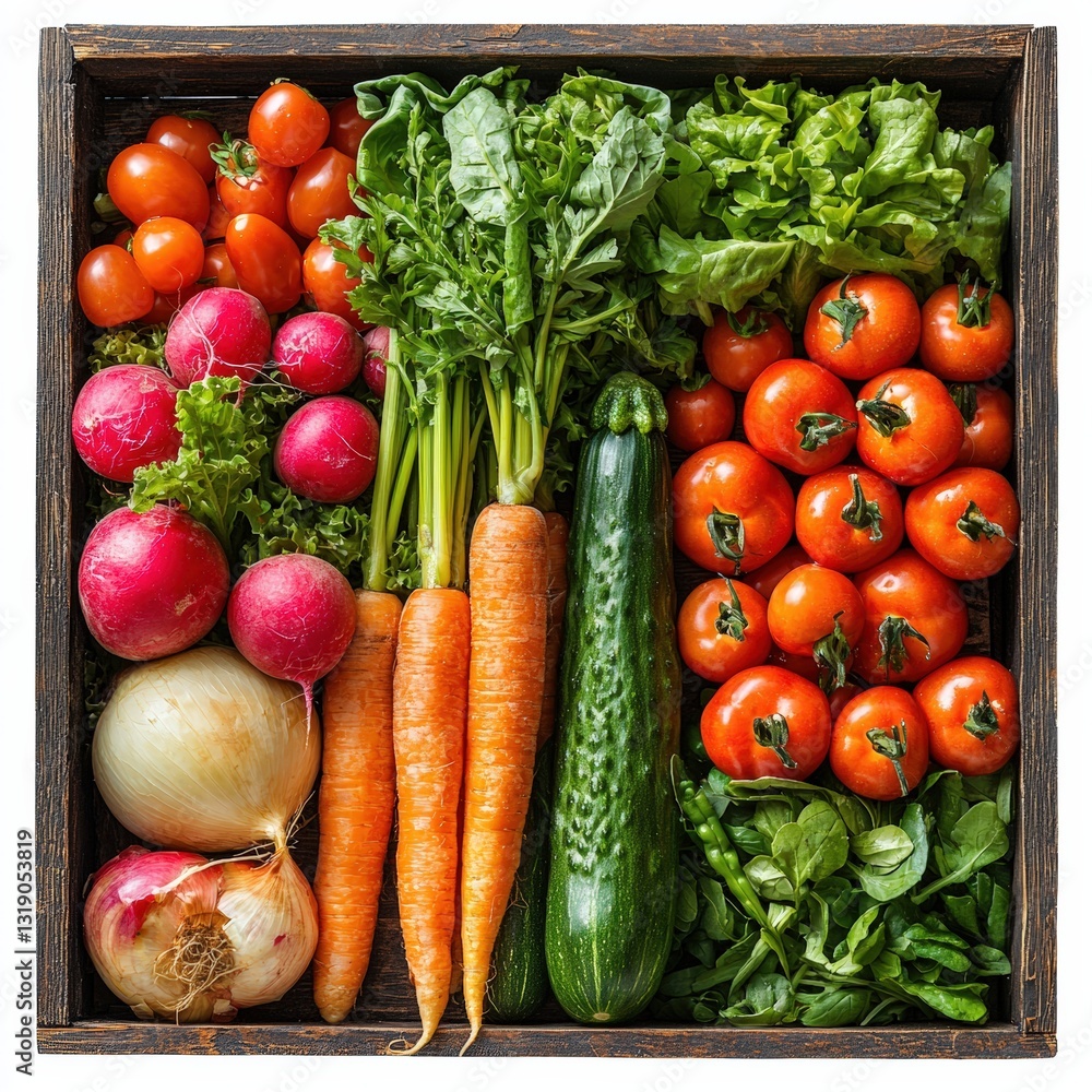 a wooden box filled with fresh vegetables , Generative art.