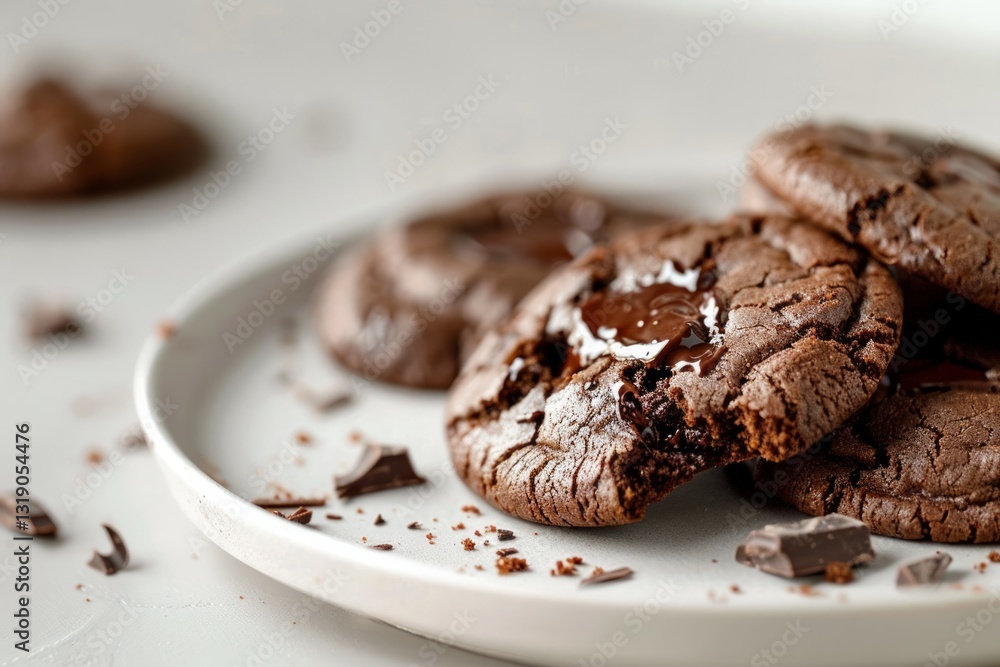Chocolate cookies on white plate, bright lighting. Artificial intelligence image Chocolate cookies on white plate, bright lighting. Artificial intelligence image