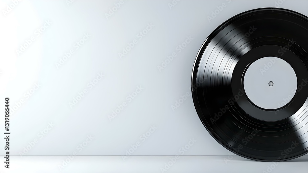 Obraz premium A black vinyl record leaning against a plain white wall, showcasing its glossy surface and circular shape. Concept Black Vinyl Record, Glossy Surface, Circular Shape, Minimalistic Aesthetic, Wall Art