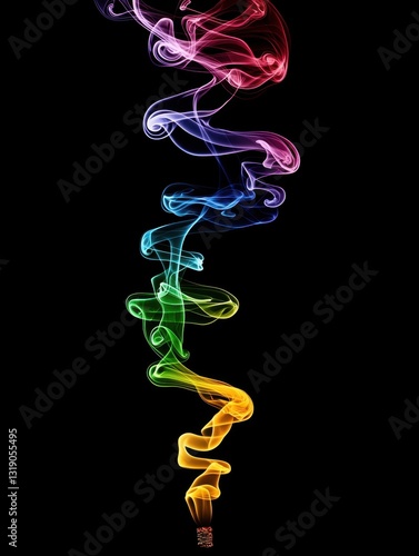 A colorful swirl of smoke dances against a black background, showcasing a vibrant spectrum from red to yellow.