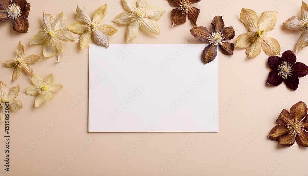 Fototapeta premium Dried clematis flowers scattered on beige background with copy space for mockup card featuri 