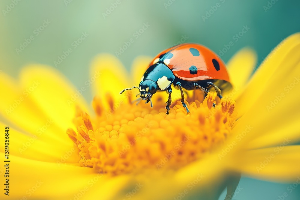 Ladybug resting on vibrant yellow flower in natural light. Artificial Intelligence image Ladybug resting on vibrant yellow flower in natural light. Artificial Intelligence image