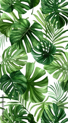 A vibrant pattern of green tropical leaves showcasing various shapes and sizes, perfect for nature-inspired design themes.