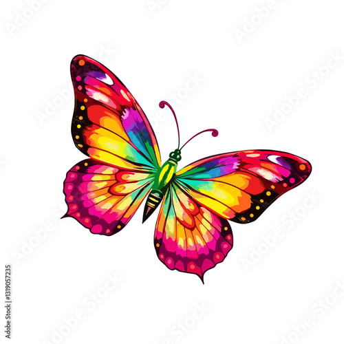 Illustration of a vibrant butterfly with colorful patterns in bright hues and copy space