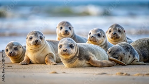 A group of adorable seal pups basking in the warm sunlight on a sandy beach, their curious eyes gazing towards the viewer, creating a heartwarming and serene coastal scene.