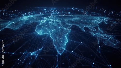 Stylized world map with glowing blue interconnected lines, global trade routes
