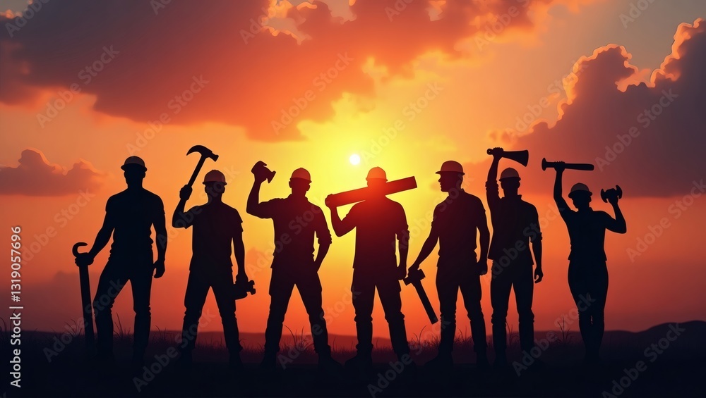Fototapeta premium group of construction workers silhouette with tools at sunset. Showing solidarity and dedication with tools in their hands