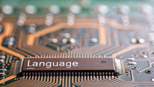 large language model artificial intelligence Microchip on circuit board with Language text, symbolizing technology