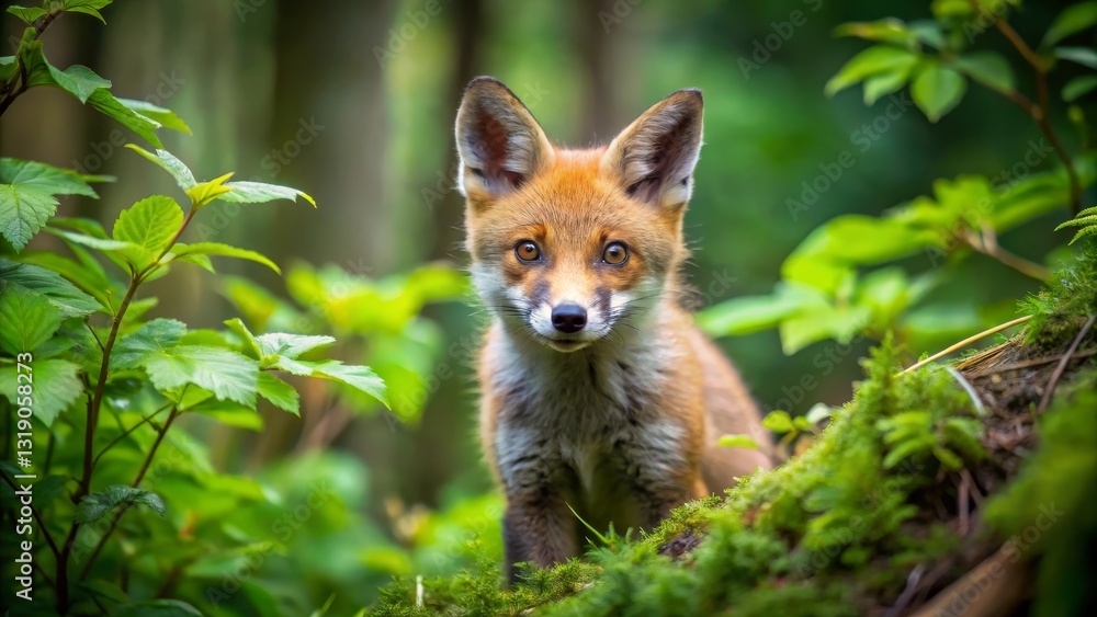 Fototapeta premium A Curious Young Red Fox Kit Peering from Lush Green Foliage in a Woodland Setting