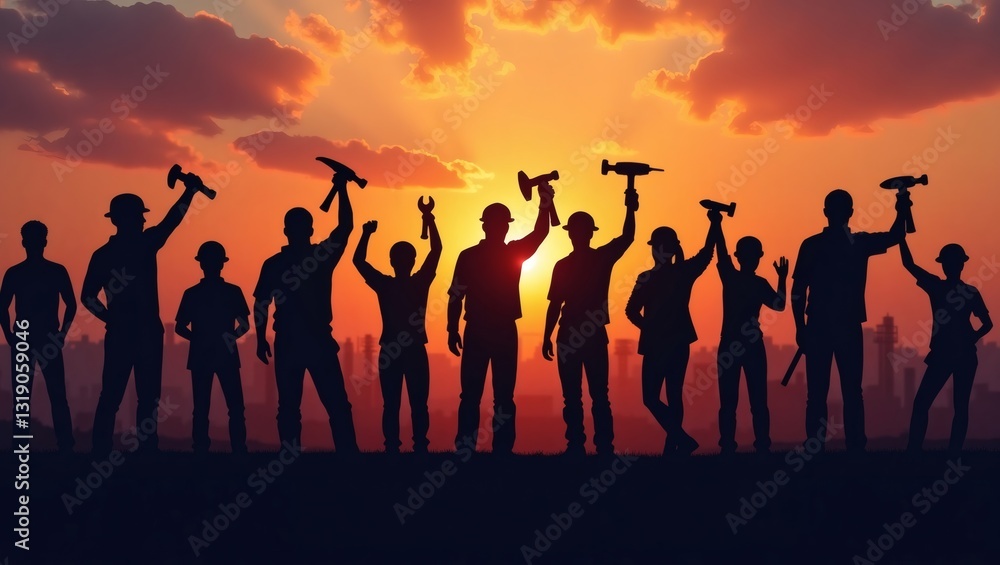 Fototapeta premium a group of construction workers stand silhouetted against a vivid sunset, holding up tools in a display of solidarity